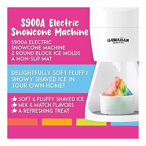  Hawaiian Shaved Ice S900A Snow Cone and Shaved Ice Machine with 2 Reusable Plastic Ice Mold Cups, Non-slip Mat, Instruction Manual, 1-year Manufacturer’s Warranty, 120V, White