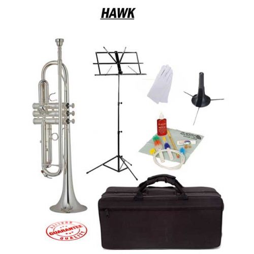  Hawk Nickel Bb Trumpet School Package with Case, Music Stand, Trumpet Stand and Cleaning Kit