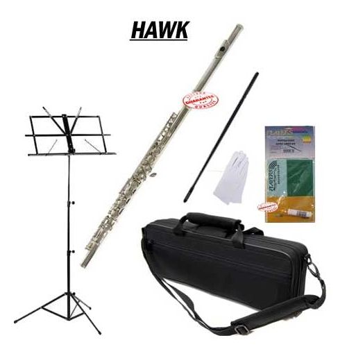  Hawk Nickel Closed Holed Student Flute School Package with Case, Music Stand, and Cleaning Kit