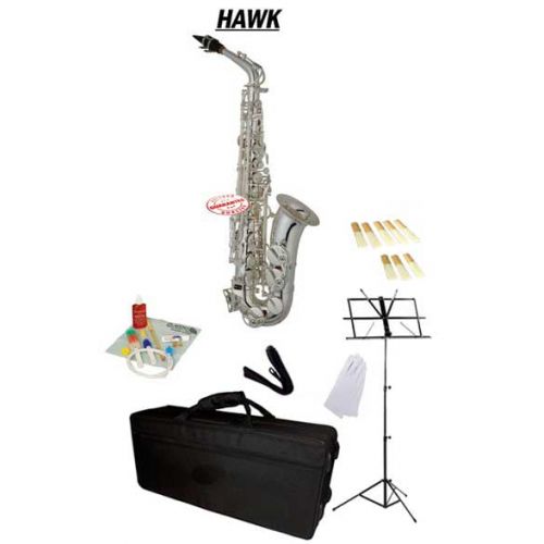  Hawk Silver Alto Saxophone School Package with Case, Reeds, Music Stand and Cleaning Kit
