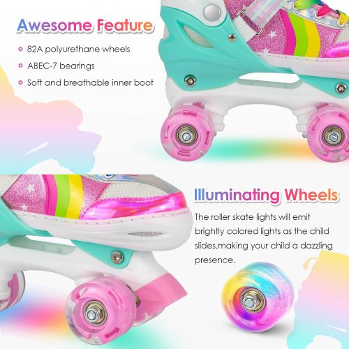  Hawkeye Roller Skates for Girls, 4 Sizes Adjustable Roller Skates for Kids Girls Boys Outdoor Indoor with Light up Wheels