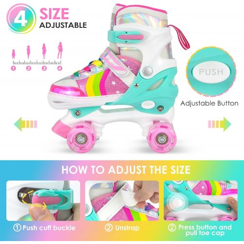  Hawkeye Roller Skates for Girls, 4 Sizes Adjustable Roller Skates for Kids Girls Boys Outdoor Indoor with Light up Wheels