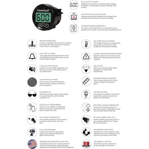  HawkEye DT2BX-TM In-Dash Depth Sounder with Air and Water Temperature (Includes Airmar Transom Mount Transducer)