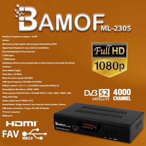  hd line Bamof 2305 Digital Satellite Satellite Receiver (HDTV, DVB S/S2, HDMI, SCART, 2x USB 2.0, Full hd 1080p) [Pre programmed for Astra Hotbird Tuerksat] [Energy Class A++]