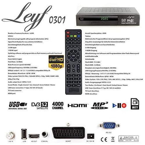  Hd-line Leyf Satellite Receiver PVR Recording Function Digital Satellite Receiver (HDTV, DVB S /DVB S2, HDMI, SCART, 2x USB, Full HD 1080p) [Pre Programmed for Astra, Hotbird and Tuerksat]