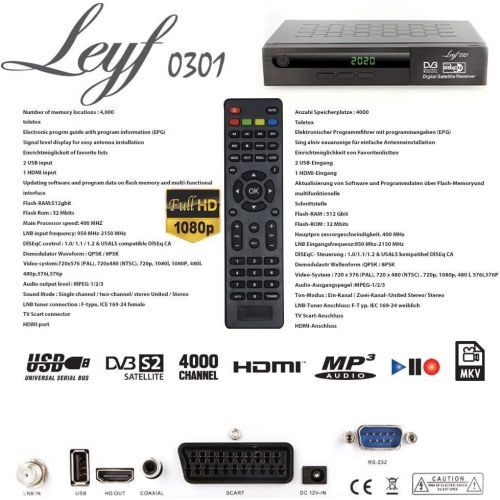  Hd-line Leyf Satellite Receiver PVR Recording Function Digital Satellite Receiver (HDTV, DVB S /DVB S2, HDMI, SCART, 2x USB, Full HD 1080p) [Pre Programmed for Astra, Hotbird and Tuerksat]