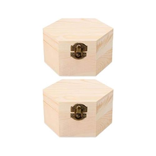  [아마존베스트]Healifty Pack of 2 Wooden Cube Storage Case Small Hexagonal Wooden Box Wood Craft Box Jewellery Storage Box (Random Lock Hasp Style)