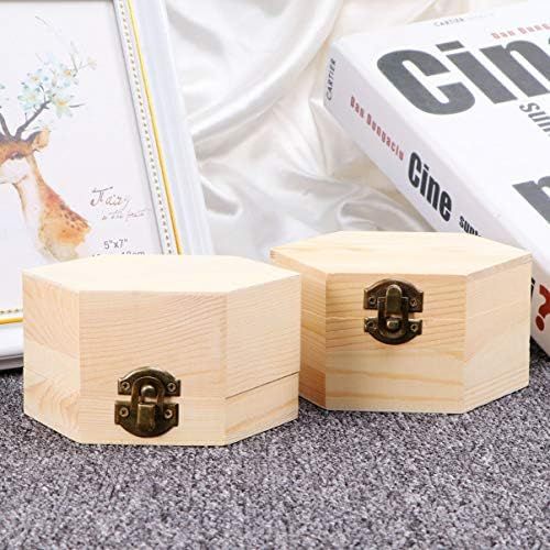  [아마존베스트]Healifty Pack of 2 Wooden Cube Storage Case Small Hexagonal Wooden Box Wood Craft Box Jewellery Storage Box (Random Lock Hasp Style)