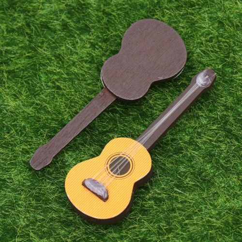  Healifty 2PCS Wooden Miniature Guitar Dollhouse Mini Musical Instrument Photo Props Doll House Model Home Decoration
