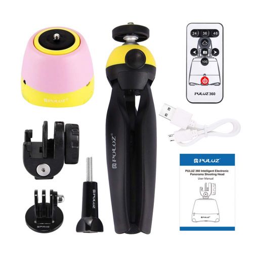  Healifty 360 Panoramic Tripod Head Electronic Bluetooth 360 Degree Rotation Panoramic Phone Camera Ball Head with Tripod Mount Phone Clamp Remote Controller (Yellow)