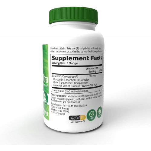  Health Thru Nutrition Curcu-Gel Ultra 650 mg BCM-95 Enhanced Absorption Bio-Curcumin Complex (Soy-Free & NON-GMO) (500mg total...