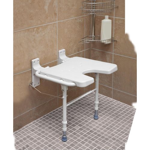  HealthSmart Wall Mount Fold Away Bath Chair Shower Seat Bench with Adjustable Legs, Seat 16 x 16 Inches, White