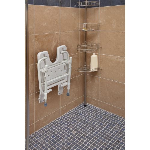  HealthSmart Wall Mount Fold Away Bath Chair Shower Seat Bench with Adjustable Legs, Seat 16 x 16 Inches, White