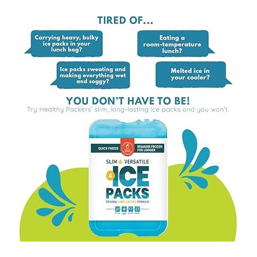  Ice Packs for Lunch Boxes and Coolers - Freezer Packs - Original Cool Pack | Cooler Accessories for The Beach, Camping, and Fishing | Slim & Long-Lasting Reusable Ice Pack for Coolers (Set of 4)