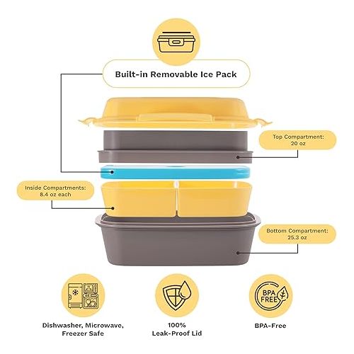  Ultimate Bento Box - Lunch Box for Kids & Adults with Removable Ice Pack - Leakproof, Multi-Compartment Food Container with Removable Containers - Microwave & Dishwasher Safe (Yellow/Gray)