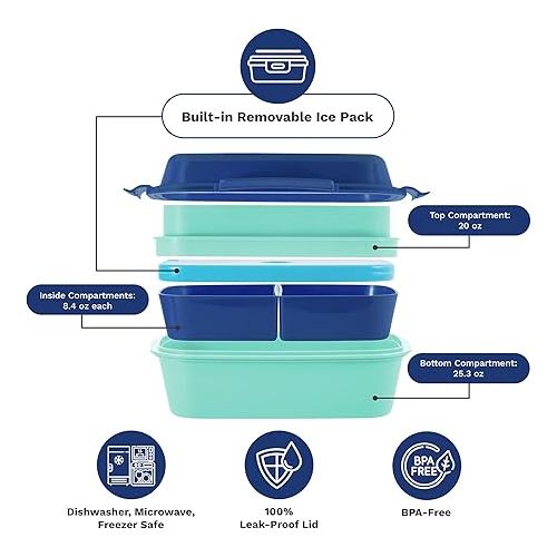  Ultimate Bento Box - Lunch Box for Kids & Adults with Removable Ice Pack - Leakproof, Multi-Compartment Food Container with Removable Containers - Microwave & Dishwasher Safe (Blue/Green)