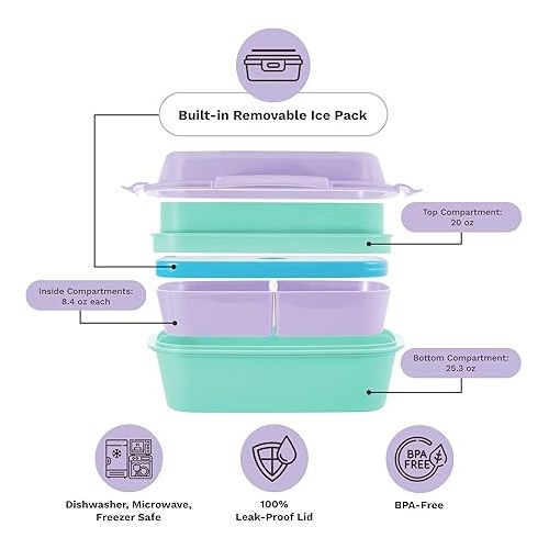  Ultimate Bento Box - Lunch Box for Kids & Adults with Removable Ice Pack - Leakproof, Multi-Compartment Food Container with Removable Containers - Microwave & Dishwasher Safe(Purple, Green, Purple)