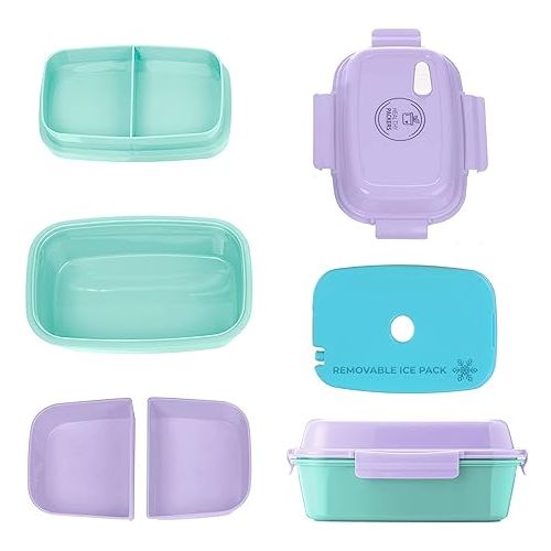  Ultimate Bento Box - Lunch Box for Kids & Adults with Removable Ice Pack - Leakproof, Multi-Compartment Food Container with Removable Containers - Microwave & Dishwasher Safe(Purple, Green, Purple)