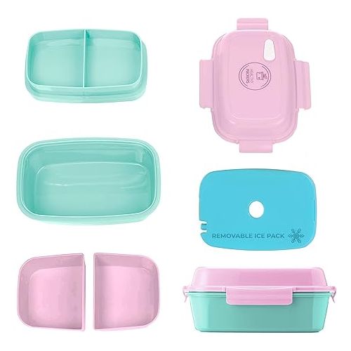  Ultimate Bento Box - Lunch Box for Kids & Adults with Removable Ice Pack - Leakproof, Multi-Compartment Food Container with Removable Containers - Microwave & Dishwasher Safe (Pink, Green, Pink)