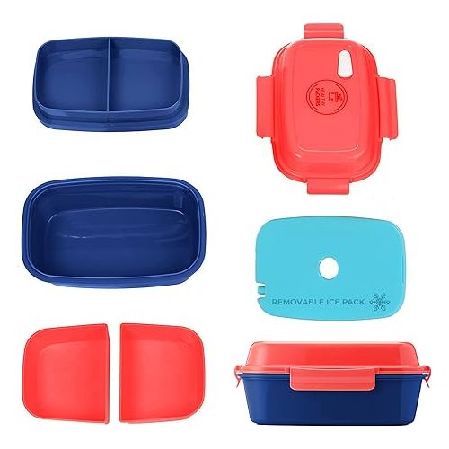  Ultimate Bento Box - Lunch Box for Kids & Adults with Removable Ice Pack - Leakproof, Multi-Compartment Food Container with Removable Containers - Microwave & Dishwasher Safe (Red, Blue, Red)