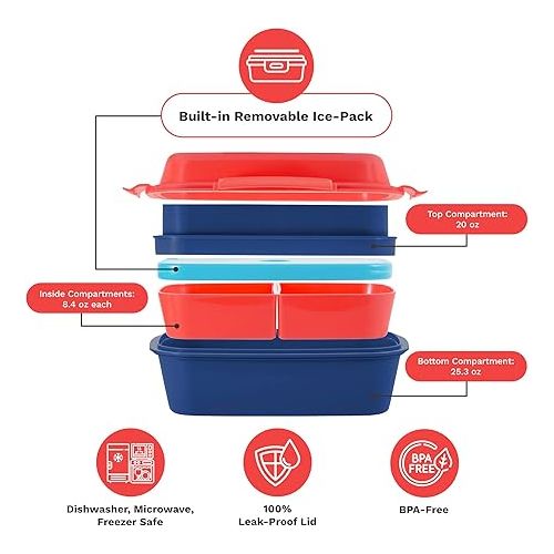  Ultimate Bento Box - Lunch Box for Kids & Adults with Removable Ice Pack - Leakproof, Multi-Compartment Food Container with Removable Containers - Microwave & Dishwasher Safe (Red, Blue, Red)