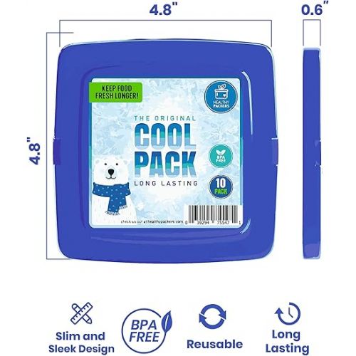  Ice Packs for Lunch Bags - Freezer Packs - Original Cool Pack | Slim & Long-Lasting Reusable Ice Pack for Lunch Box and Cooler Bag (Set of 10)