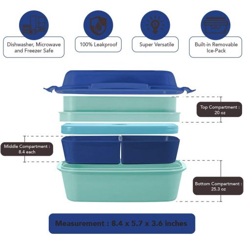  [아마존베스트]Healthy Packers Ultimate Bento Box - Lunch Box for Kids & Adults - 100% Leakproof - Multi Compartment Food Container with Removable Containers and Ice Pack - Microwave & Dishwasher Safe (Blue, Gre