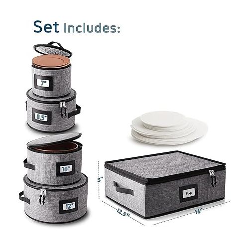  Fine China Storage Containers Hard Shell - 5 Piece Dish Storage Containers, Quilted and Stackable Mug Storage and Plate Storage Containers, Dish Organizer with Dividers for Moving and Seasonal Storage
