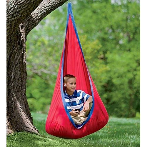  HearthSong Red Hugglepod Deluxe Hanging Cocoon Chair Hammock Nest with Removable Cushion Cotton Canvas Fabric Machine Washable 175 LBS Max Weight