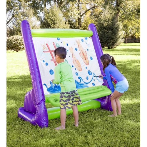  HearthSong Giant Inflatable Easy Clean Outdoor Easel Incl 4 Paints 4 Sponges Brush 62 LX38 Wx61 H Built-in Art Tray, Multicolor, Model: