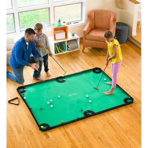  HearthSong Golf Pool Indoor Family Game Kids Toy Carbon Fiber 78Lx57W Includes Golf Clubs, 16 Balls, Green Mat, Rails