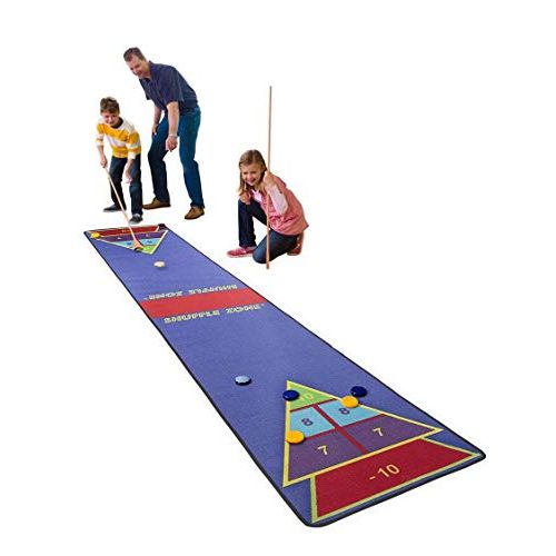  HearthSong Shuffle Zone Play Carpet, Indoor Outdoor Shuffleboard Game for Kids, 2 Wooden Cues, 10 Wooden Pucks, Fun Strategy Game, 2.25W x 12L