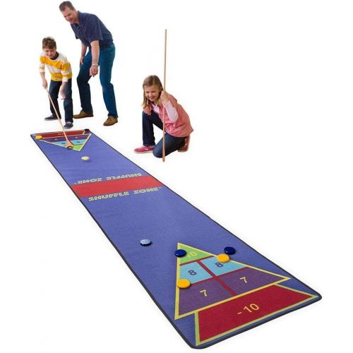  HearthSong Shuffle Zone Play Carpet, Indoor Outdoor Shuffleboard Game for Kids, 2 Wooden Cues, 10 Wooden Pucks, Fun Strategy Game, 2.25W x 12L