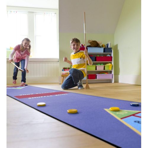  HearthSong Shuffle Zone Play Carpet, Indoor Outdoor Shuffleboard Game for Kids, 2 Wooden Cues, 10 Wooden Pucks, Fun Strategy Game, 2.25W x 12L