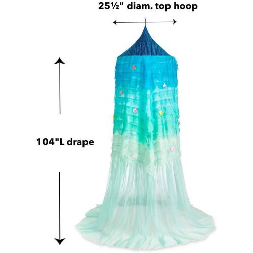  [아마존베스트]HHearthSong Mermaid Blue Scalloped Gauze Canopy with Sewn-in LED Lights and 20 Stick-On Decorative Fabric Applique Shells and Starfish
