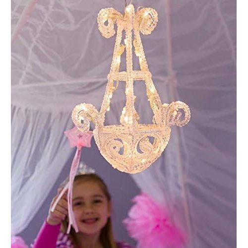  [아마존베스트]HearthSong Kids Fairy Tale Princess Twin Sized Bed Tent Canopy with Interior Hanging Chandelier LED Light - White and Pink - 38 L x 74 W x 58 H