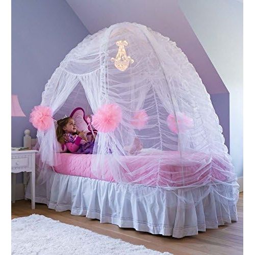  [아마존베스트]HearthSong Kids Fairy Tale Princess Twin Sized Bed Tent Canopy with Interior Hanging Chandelier LED Light - White and Pink - 38 L x 74 W x 58 H