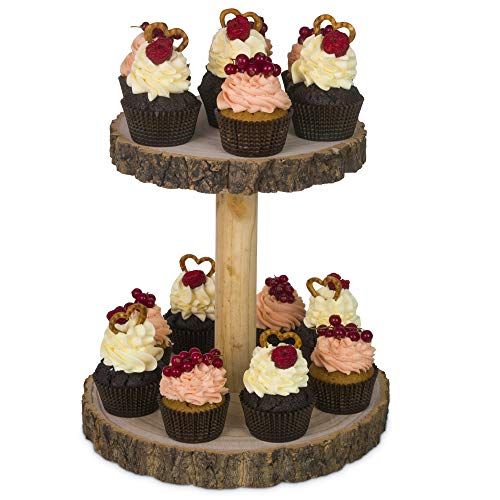  Hearthford Rustic Cupcake Stand Wood Cake Stand, Wooden Cupcake Tower & Cheese Serving Board Two Tiered Tray Decor for Parties, Weddings Detachable Wood Slices, Wood Board or Woo