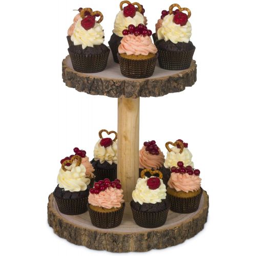  Hearthford Rustic Cupcake Stand Wood Cake Stand, Wooden Cupcake Tower & Cheese Serving Board Two Tiered Tray Decor for Parties, Weddings Detachable Wood Slices, Wood Board or Woo