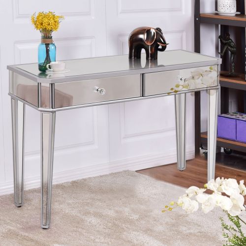  Heaven Tvcz 2 Drawer Mirrored Vanity Make-Up Desk Console Dressing Silver Glass Table Modern for storage