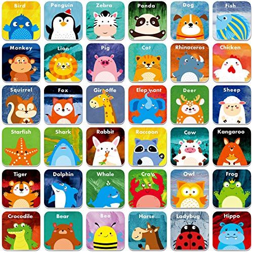  [아마존베스트]Hebayy 36 Pair Animals Matching Game Cartoon Flash Cards Erasable(72 PCs, Each Measures 2” X 2”)