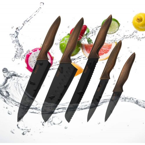  Hecef Kuechenmesser Set, Edelstahl Antihaft Schwarze Farbe Beschichtung Messer, beinhaltet 8 Kochmesser, 8 Brotmesser, 7 Santokumesser, 5 Mehrzweckmesser und 3,5 Schalmesser
