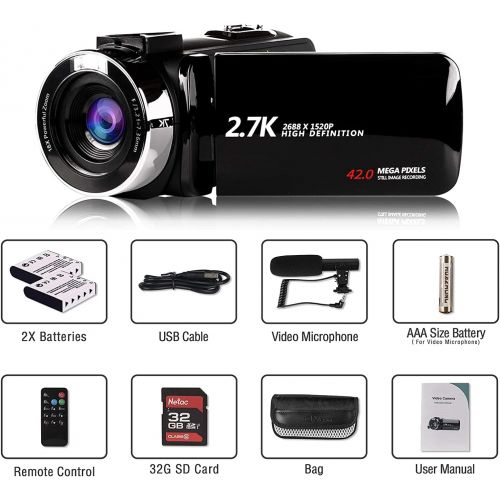  Heegomn Video Camera Camcorder with Microphone 2.7K Full HD YouTube Vlogging Camera 42.0 MP 18X Digital Zoom Camera Recorder 3.0 Inch Screen with 2 Batteries and 32GB SD Card