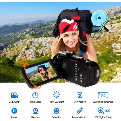  Heegomn Video Camera Camcorder with Microphone 2.7K Full HD YouTube Vlogging Camera 42.0 MP 18X Digital Zoom Camera Recorder 3.0 Inch Screen with 2 Batteries and 32GB SD Card