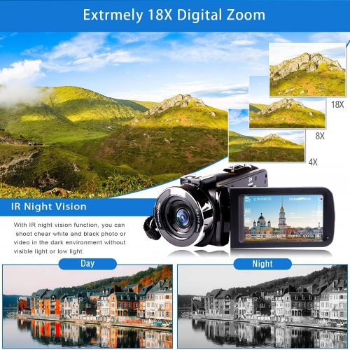  Heegomn Video Camera Camcorder with Microphone 2.7K Full HD YouTube Vlogging Camera 42.0 MP 18X Digital Zoom Camera Recorder 3.0 Inch Screen with 2 Batteries and 32GB SD Card