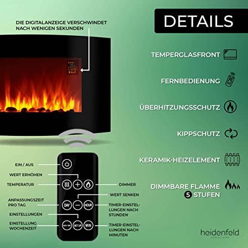  Heidenfeld HF WK100 Wall Fireplace Electric with Remote Control 1000 or 2000 Watt Flame Simulation Heating Thermostat Electric Fireplace Fire Effect