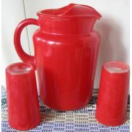 /HeirLoomWeaver Vintage Red Pitcher with two matching Glasses
