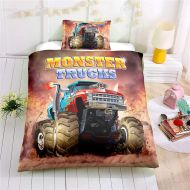 Helehome Monster Truck Duvet Cover Set Twin Size, Boys Hobby Sports Bedding Set with Flame Exotic Automobile Style Image Decorative 2 Piece Bedding Set with 1 Pillow Shams