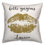 Hello Gorgeous Gold Lips Square Throw Pillow in BlackGold