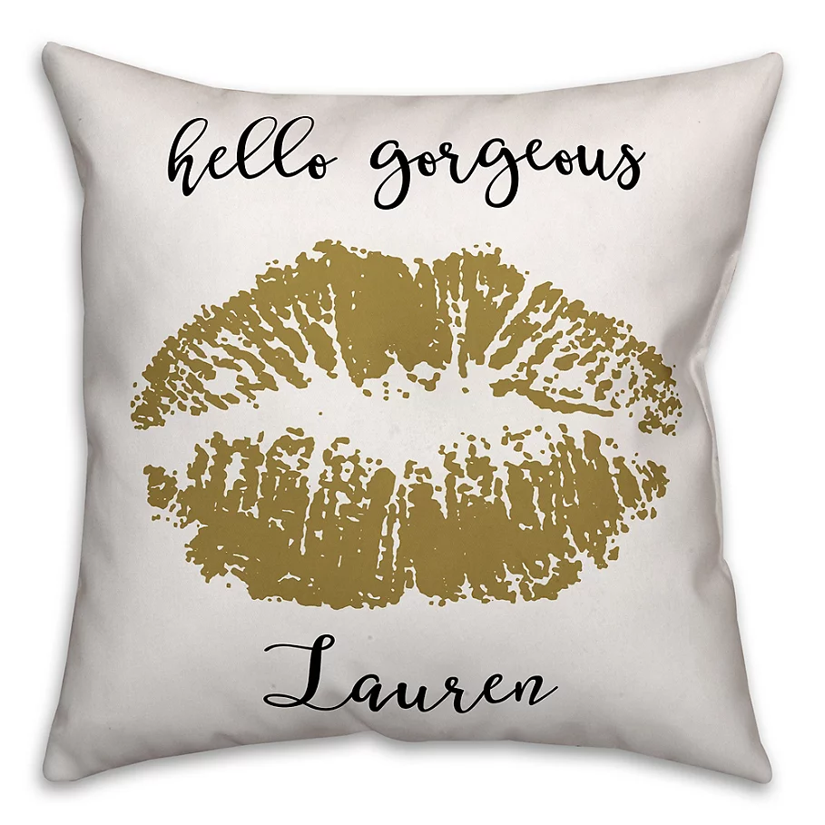  Hello Gorgeous Gold Lips Square Throw Pillow in BlackGold